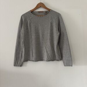 Merino Wool Blend Long Sleeve Top Sweater Embroidered Scallop Cottagecore Whimsy